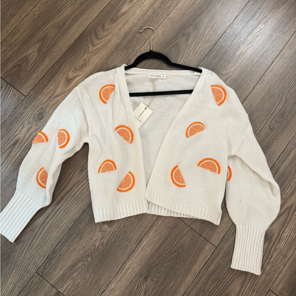 moon & madison Cream Cardigan with Orange Slice Design